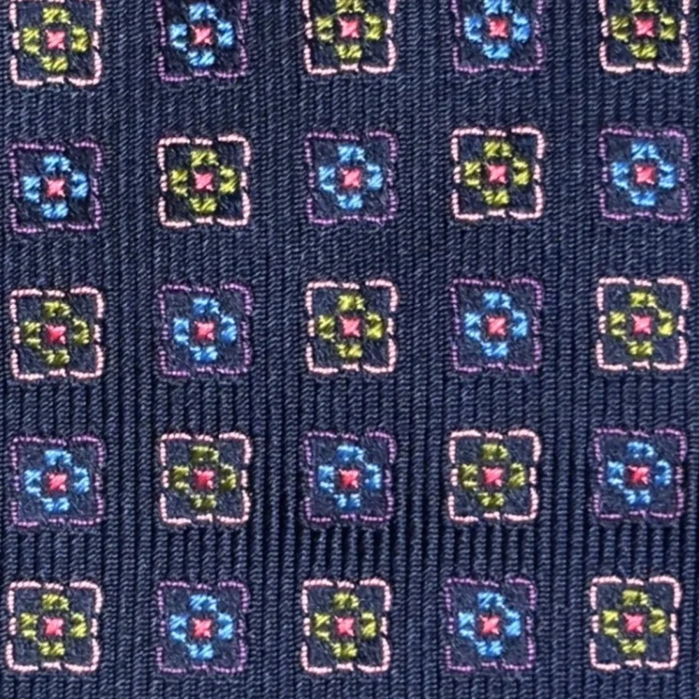 Barbara Blank New York Navy Blue Silk Geometric Medallion Handmade Mens Necktie
